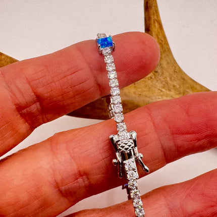 Vintage Fire Opal Silver Tennis Bracelet Gemstone CZ Crystal Diamond Birthstone 925 Sterling Silver