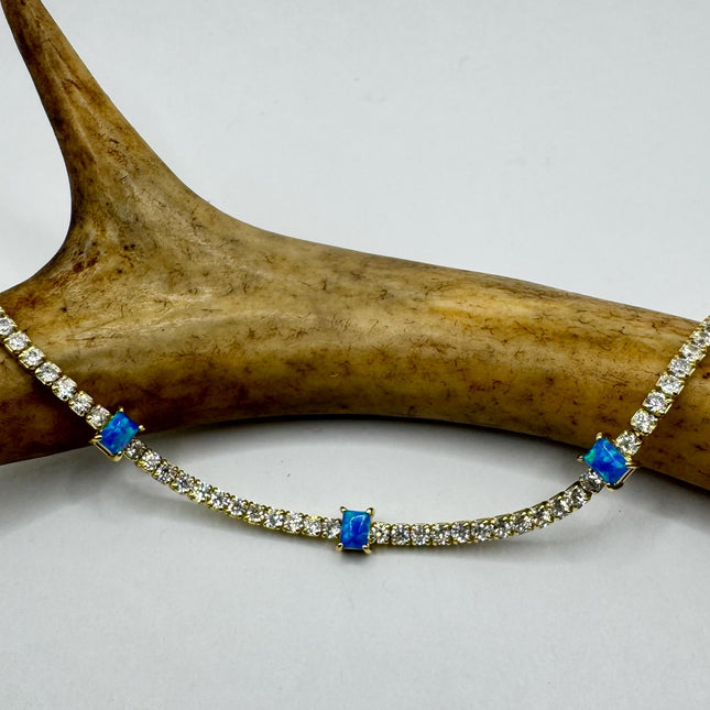 Vintage Gold Tennis Bracelet Blue Fire Opal Gemstone Cubic Zirconia Crystal Diamond 4 Prong Gold 925 Sterling Silver
