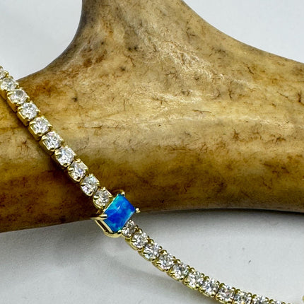 Vintage Gold Tennis Bracelet Blue Fire Opal Gemstone Cubic Zirconia Crystal Diamond 4 Prong Gold 925 Sterling Silver