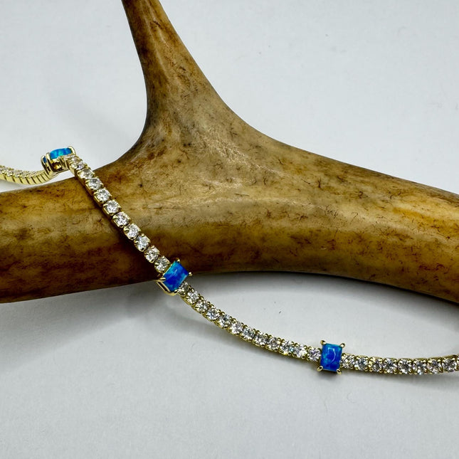Vintage Gold Tennis Bracelet Blue Fire Opal Gemstone Cubic Zirconia Crystal Diamond 4 Prong Gold 925 Sterling Silver