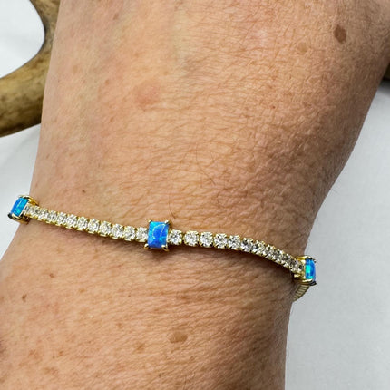 Vintage Gold Tennis Bracelet Blue Fire Opal Gemstone Cubic Zirconia Crystal Diamond 4 Prong Gold 925 Sterling Silver