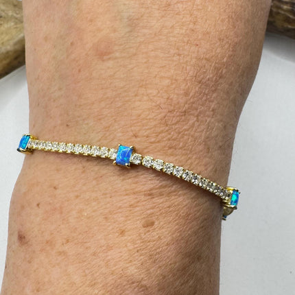 Vintage Gold Tennis Bracelet Blue Fire Opal Gemstone Cubic Zirconia Crystal Diamond 4 Prong Gold 925 Sterling Silver