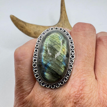 Vintage Chunky Rainbow Labradorite Cocktail Ring - Statement Band