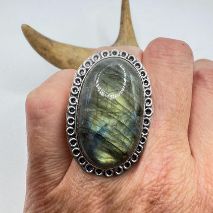 Vintage Chunky Rainbow Labradorite Cocktail Ring - Statement Band