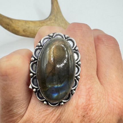 Vintage Chunky Rainbow Labradorite Cocktail Ring - Statement Band