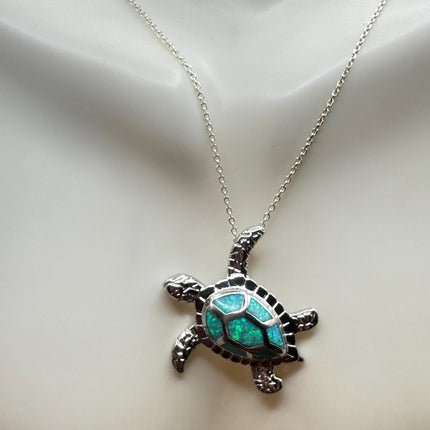 Vintage Blue Fire Opal Turtle Tortoise Necklace - Sterling Silver Chain - Minimalist Design