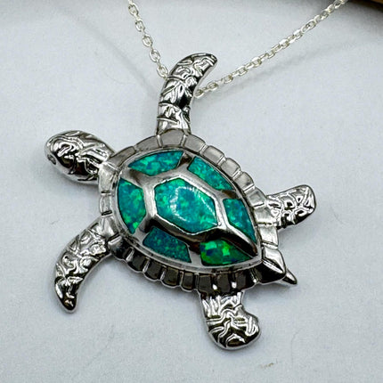 Vintage Blue Fire Opal Turtle Tortoise Necklace - Sterling Silver Chain - Minimalist Design