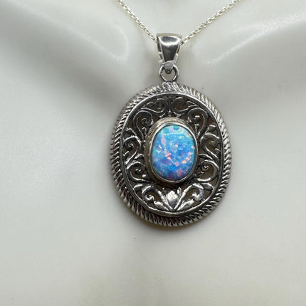 Vintage Silver Necklace | White Fire Opal Gemstone Crystal Birthstone Pendant on 925 Sterling Silver Chain Necklace