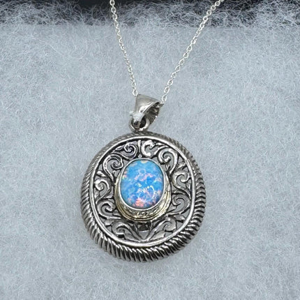 Vintage Silver Necklace | White Fire Opal Gemstone Crystal Birthstone Pendant on 925 Sterling Silver Chain Necklace