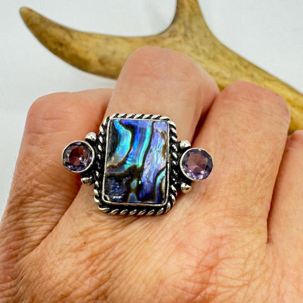 Vintage Abalone Purple Amethyst Statement Ring in White Bronze Setting - Handmade | Chunky statement ring