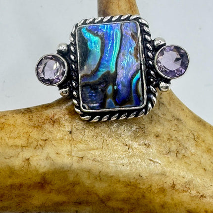 Vintage Abalone Purple Amethyst Statement Ring in White Bronze Setting - Handmade | Chunky statement ring