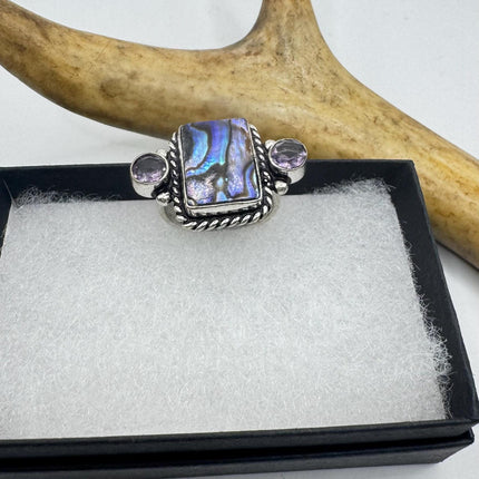 Vintage Abalone Purple Amethyst Statement Ring in White Bronze Setting - Handmade | Chunky statement ring