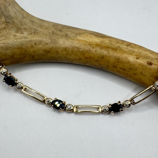 Vintage Black Onyx Gold Tennis Bracelet | Diamond Chip Infinity Heart | Golden 925 Sterling Silver Dainty Wedding Prom Jewelry
