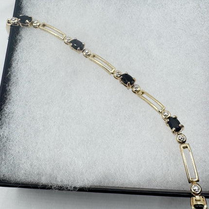 Vintage Black Onyx Gold Tennis Bracelet | Diamond Chip Infinity Heart | Golden 925 Sterling Silver Dainty Wedding Prom Jewelry