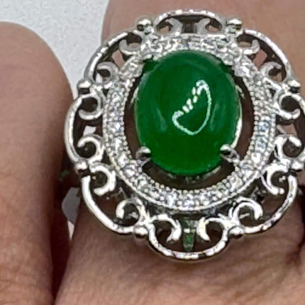 Vintage Silver Green Jade Lucky Cocktail Ring - Silver Bronze Setting Green Jade Gemstone - promise engagement ring Adjustable size