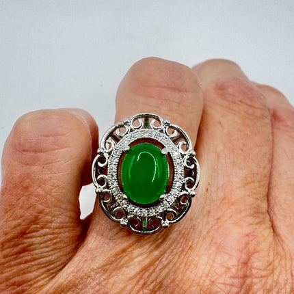 Vintage Silver Green Jade Lucky Cocktail Ring - Silver Bronze Setting Green Jade Gemstone - promise engagement ring Adjustable size