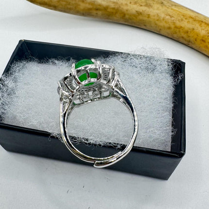 Vintage Silver Green Jade Lucky Cocktail Ring - Silver Bronze Setting Green Jade Gemstone - promise engagement ring Adjustable size