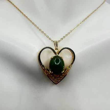 Vintage Green Jade Hearts 12k Gold Filled Necklace - Lucky Every day Green Jade
