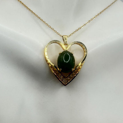 Vintage Green Jade Hearts 12k Gold Filled Necklace - Lucky Every day Green Jade