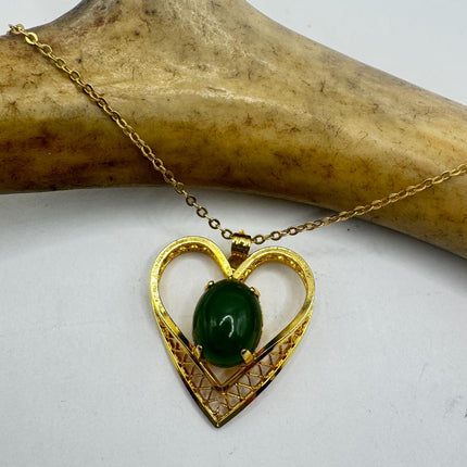 Vintage Green Jade Hearts 12k Gold Filled Necklace - Lucky Every day Green Jade