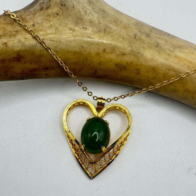 Vintage Green Jade Hearts 12k Gold Filled Necklace - Lucky Every day Green Jade