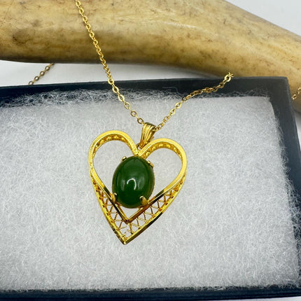 Vintage Green Jade Hearts 12k Gold Filled Necklace - Lucky Every day Green Jade