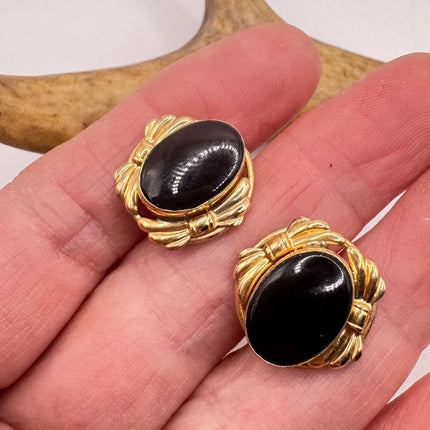 Vintage Black Onyx Gold Screw Back Clip-On Earrings 12k GF Delicate Gold Clip On Earrings
