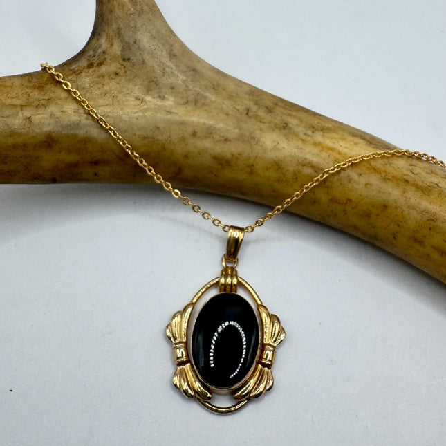 Vintage Tiny Gold Charm Necklace Black Onyx Gemstone Dainty Gold Filled Chain Necklace | Minimalist Style Crystal