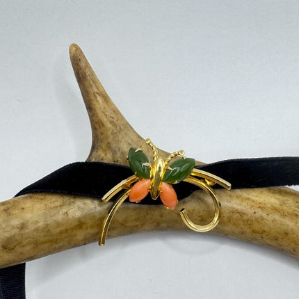 Vintage Green Jade and Pink Coral Butterfly Brooch Pin - Gold Filled with Velvet Choker - Small Lucky Jade Design