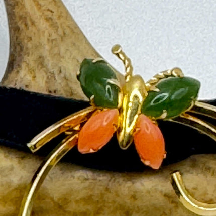 Vintage Green Jade and Pink Coral Butterfly Brooch Pin - Gold Filled with Velvet Choker - Small Lucky Jade Design