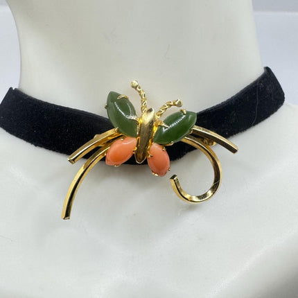 Vintage Green Jade and Pink Coral Butterfly Brooch Pin - Gold Filled with Velvet Choker - Small Lucky Jade Design