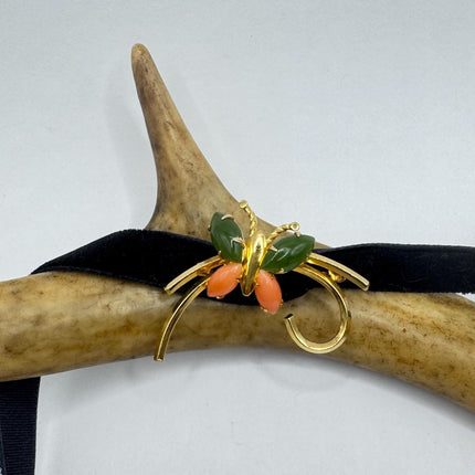 Vintage Green Jade and Pink Coral Butterfly Brooch Pin - Gold Filled with Velvet Choker - Small Lucky Jade Design