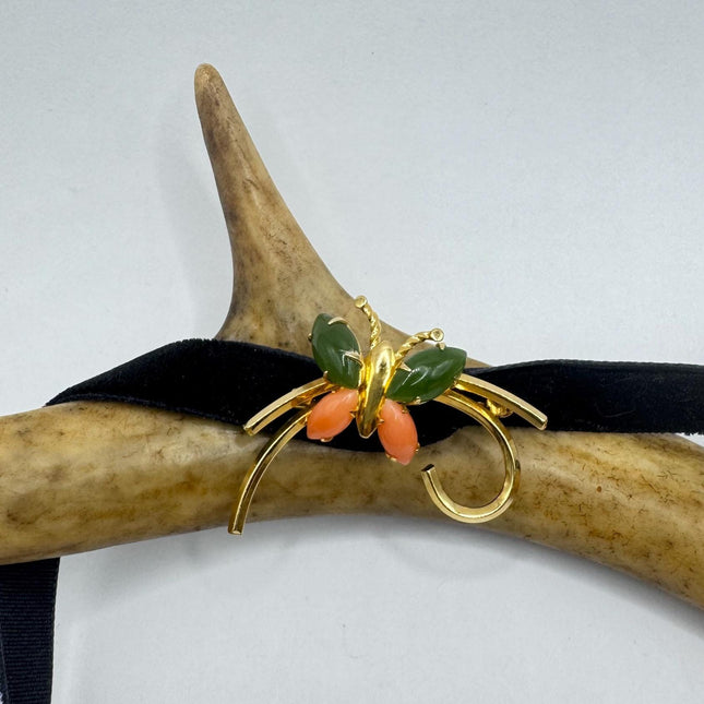 Vintage Green Jade and Pink Coral Butterfly Brooch Pin - Gold Filled with Velvet Choker - Small Lucky Jade Design