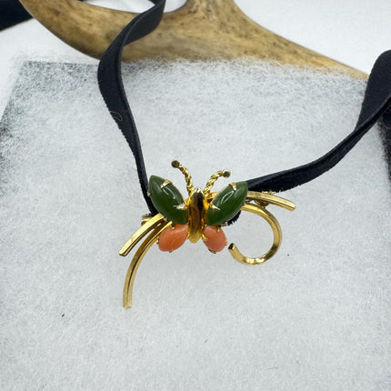 Vintage Green Jade and Pink Coral Butterfly Brooch Pin - Gold Filled with Velvet Choker - Small Lucky Jade Design