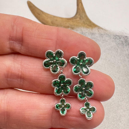 Vintage Green Chrome Diopside Flower 925 Sterling Silver Drop Dangle Earrings