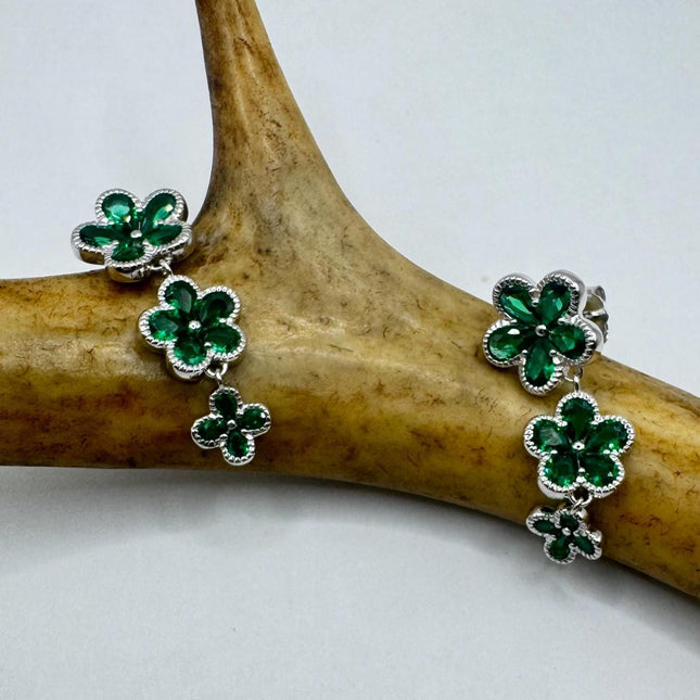Vintage Green Chrome Diopside Flower 925 Sterling Silver Drop Dangle Earrings