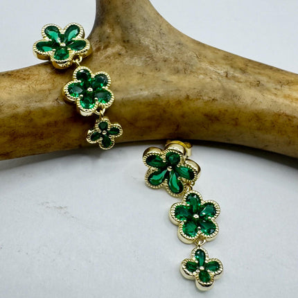 Vintage Green Chrome Diopside Flower Gold 925 Sterling Silver Drop Dangle Earrings