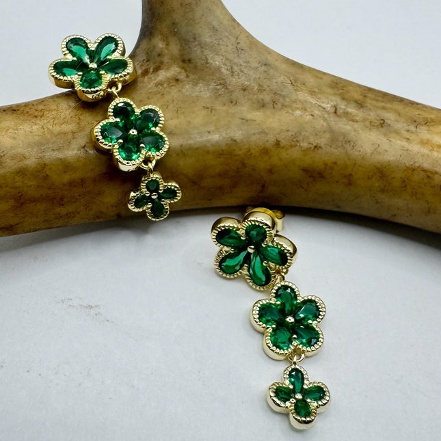 Vintage Green Chrome Diopside Flower Gold 925 Sterling Silver Drop Dangle Earrings