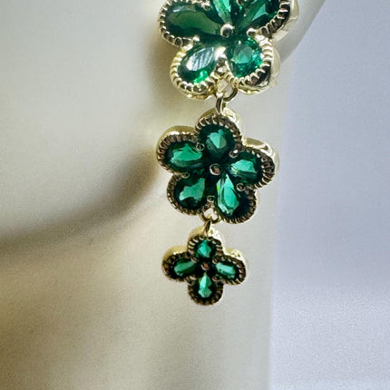 Vintage Green Chrome Diopside Flower Gold 925 Sterling Silver Drop Dangle Earrings