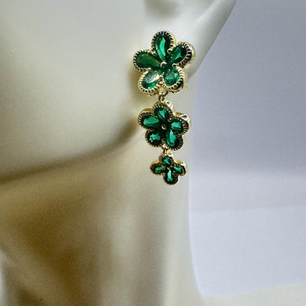Vintage Green Chrome Diopside Flower Gold 925 Sterling Silver Drop Dangle Earrings