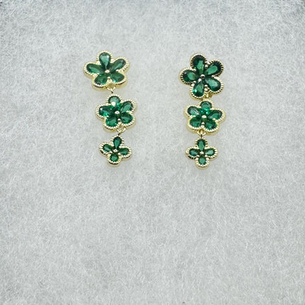 Vintage Green Chrome Diopside Flower Gold 925 Sterling Silver Drop Dangle Earrings