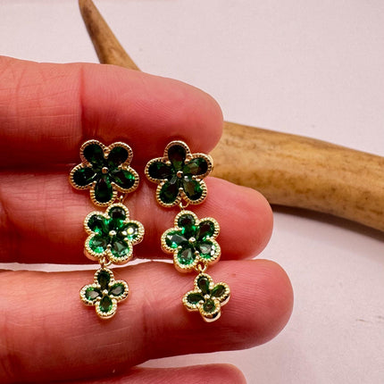 Vintage Green Chrome Diopside Flower Gold 925 Sterling Silver Drop Dangle Earrings