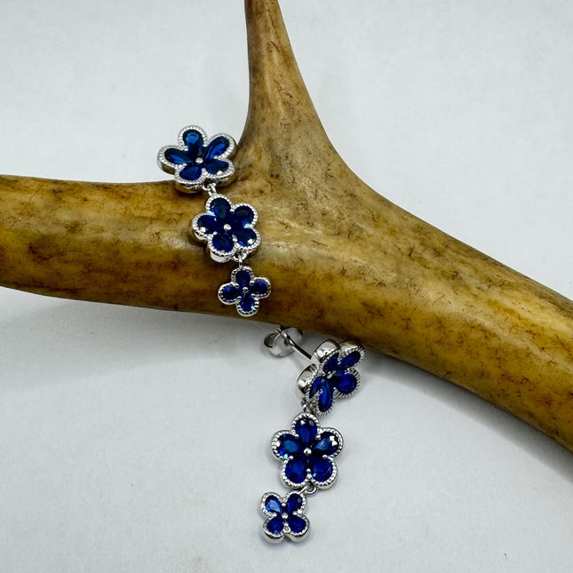 Vintage Blue Crystal Flower 925 Sterling Silver Drop Dangle Earrings