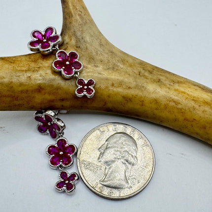 Vintage Red Ruby Crystal Flower 925 Sterling Silver Drop Dangle Earrings