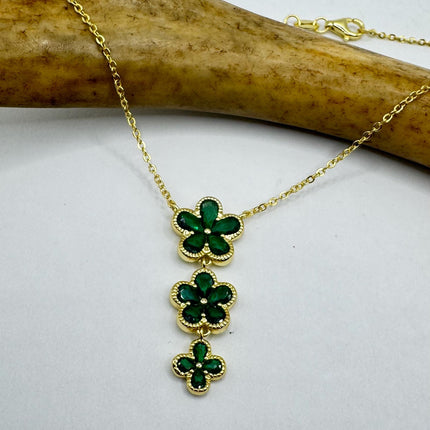 Vintage Green Chrome Diopside Flower Choker Gold 925 Sterling Silver Necklace