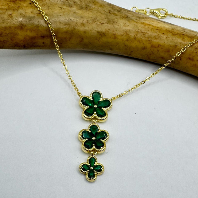 Vintage Green Chrome Diopside Flower Choker Gold 925 Sterling Silver Necklace