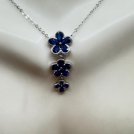 Vintage Blue Sapphire CZ Flower Choker 925 Sterling Silver Necklace