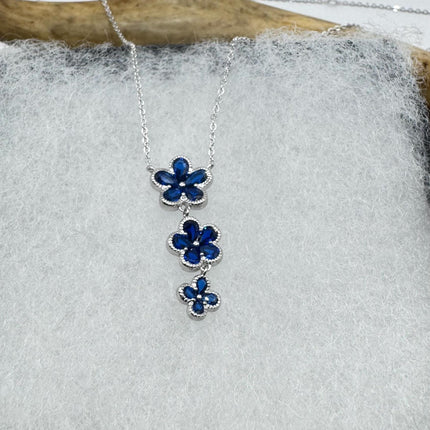 Vintage Blue Sapphire CZ Flower Choker 925 Sterling Silver Necklace