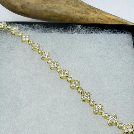Vintage Tennis Bracelet | Bezel Set Cubic Zirconia Crystal Diamond Gemstone in Golden 925 Sterling Silver | Stackable Everyday Elegant