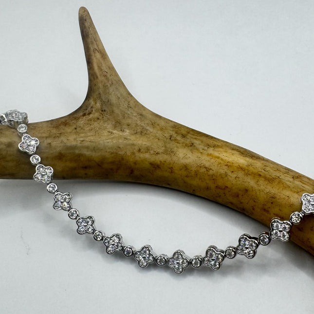 Vintage Tennis Flower Bracelet | Bezel Set Cubic Zirconia Crystal Diamond Gemstone in 925 Sterling Silver | Stackable Everyday Elegant